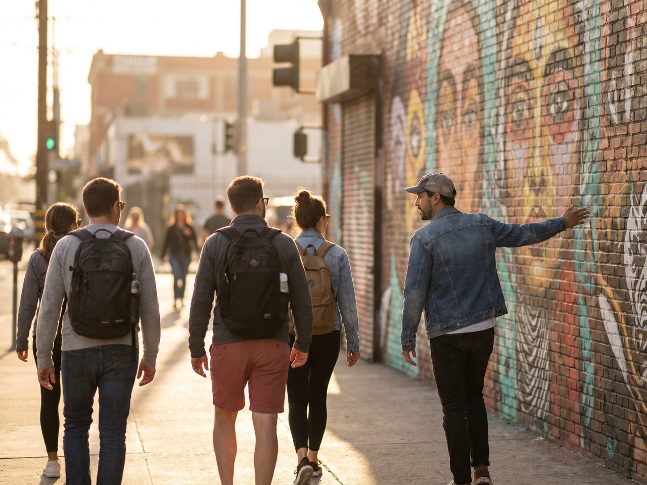 Travelers on a guided street-art walking tour in downtown Los Angeles
